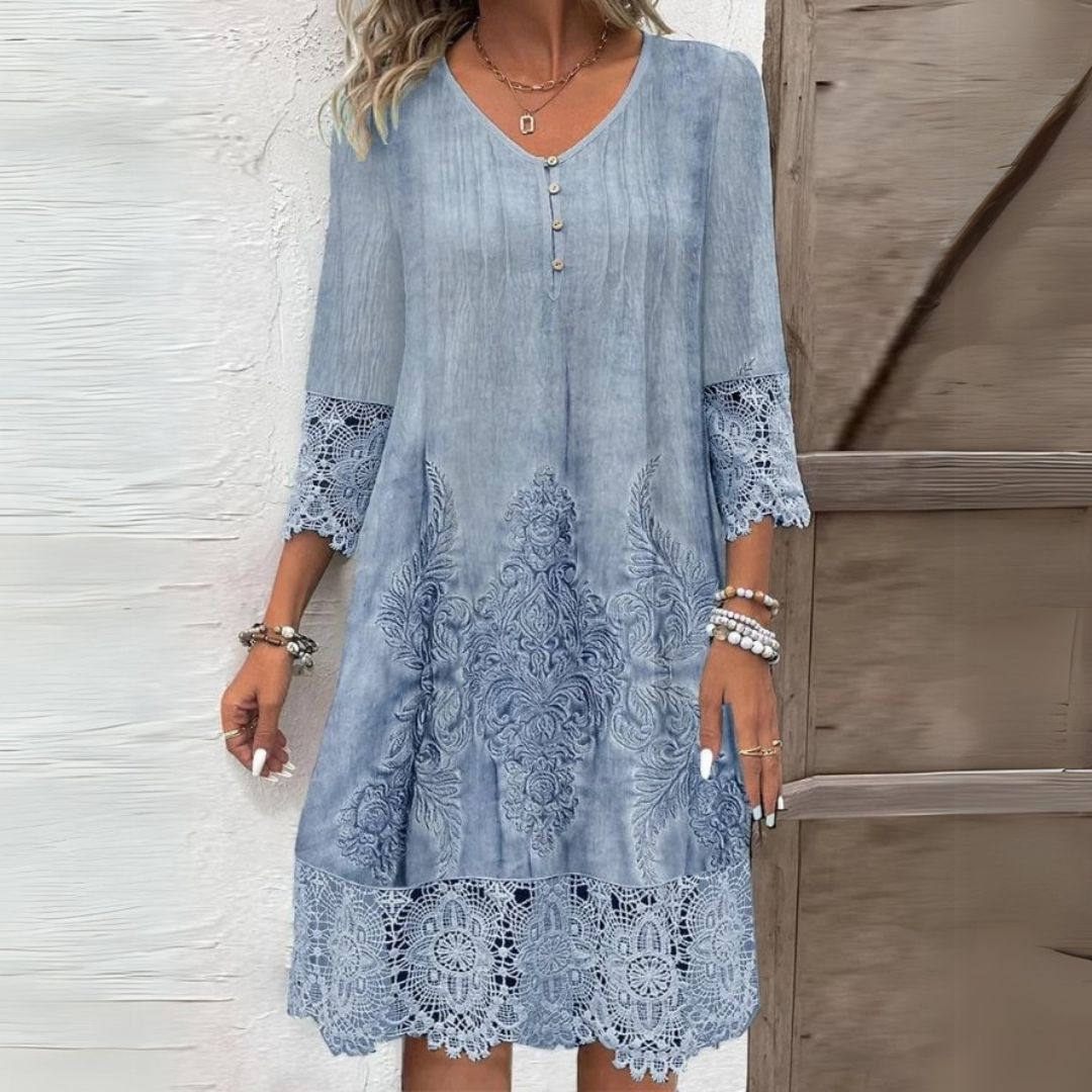 Vestido Midi · Azul Floral Bordado