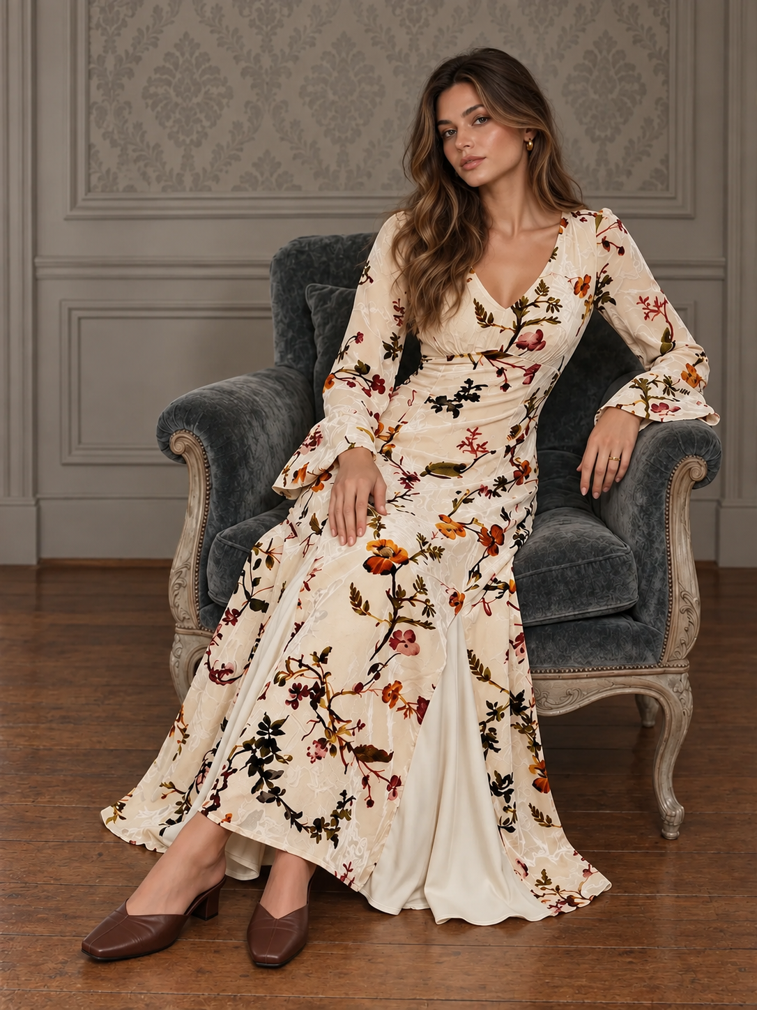 Vestido Maxi de Terciopelo Floral