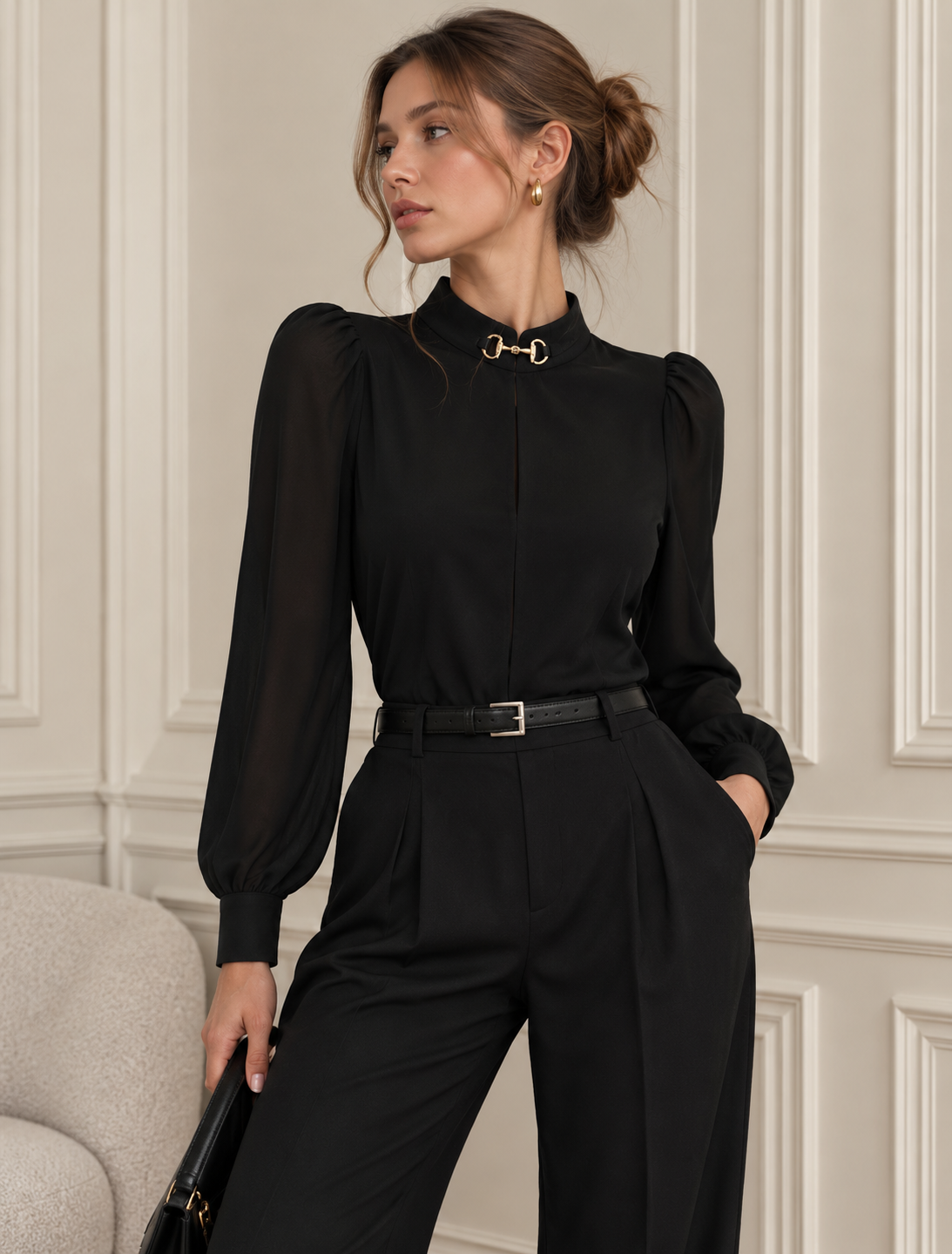 Blusa con Cuello Joya y Manga Transparente