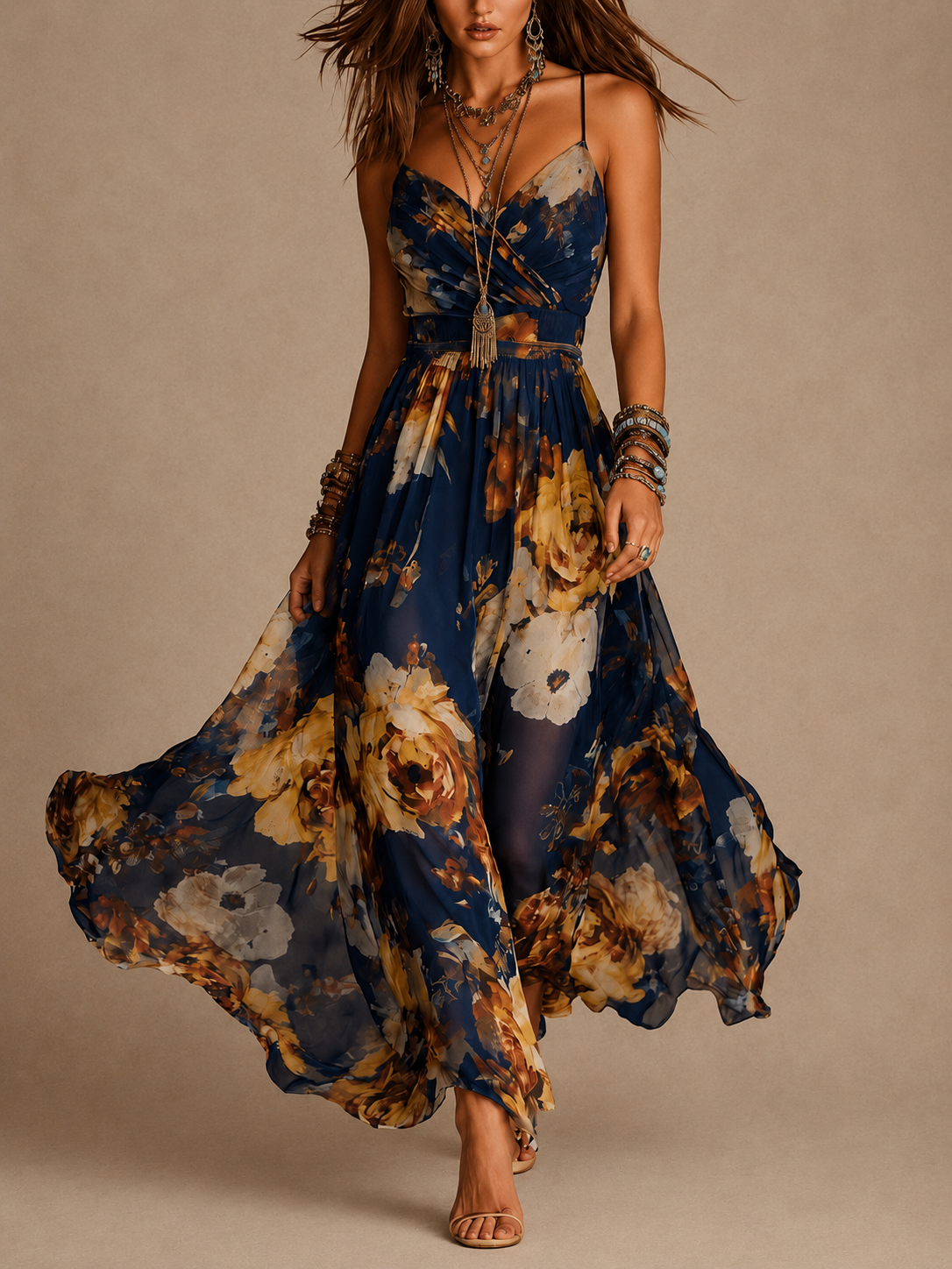 Dulce - Vestido longue à fleurs avec bretelles