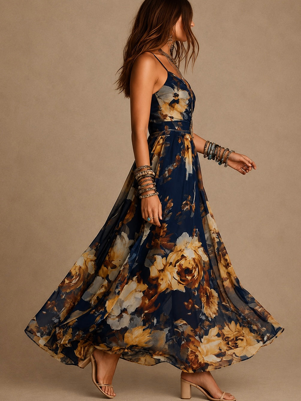 Dulce - Vestido longue à fleurs avec bretelles