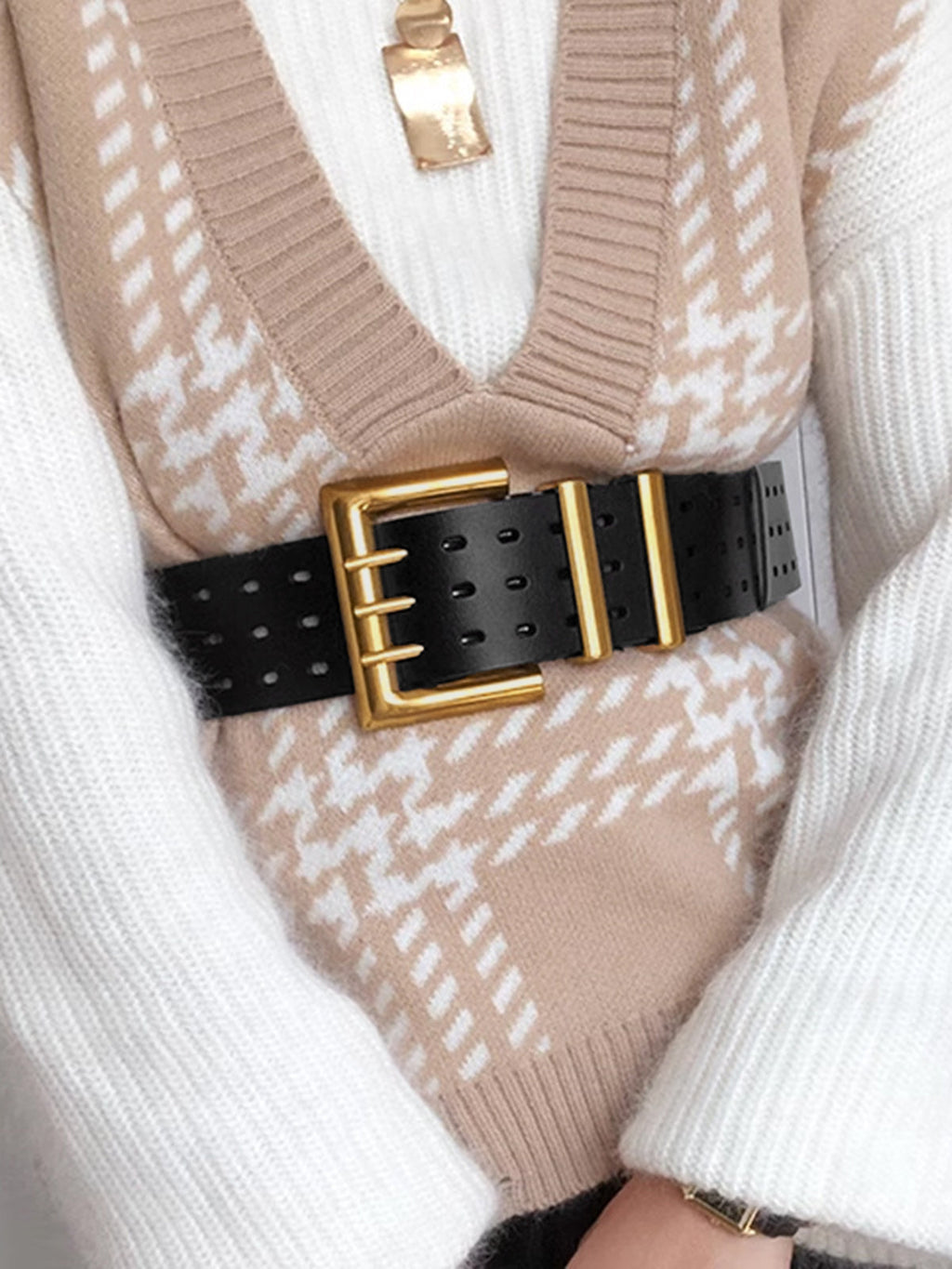 Multi-Prong Hebilla Wide Leather cintura Belt