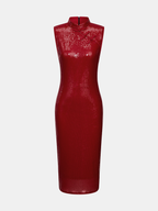 Frog-botón Lentejuelas Cheongsam Vestido midi