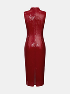 Frog-botón Lentejuelas Cheongsam Vestido midi