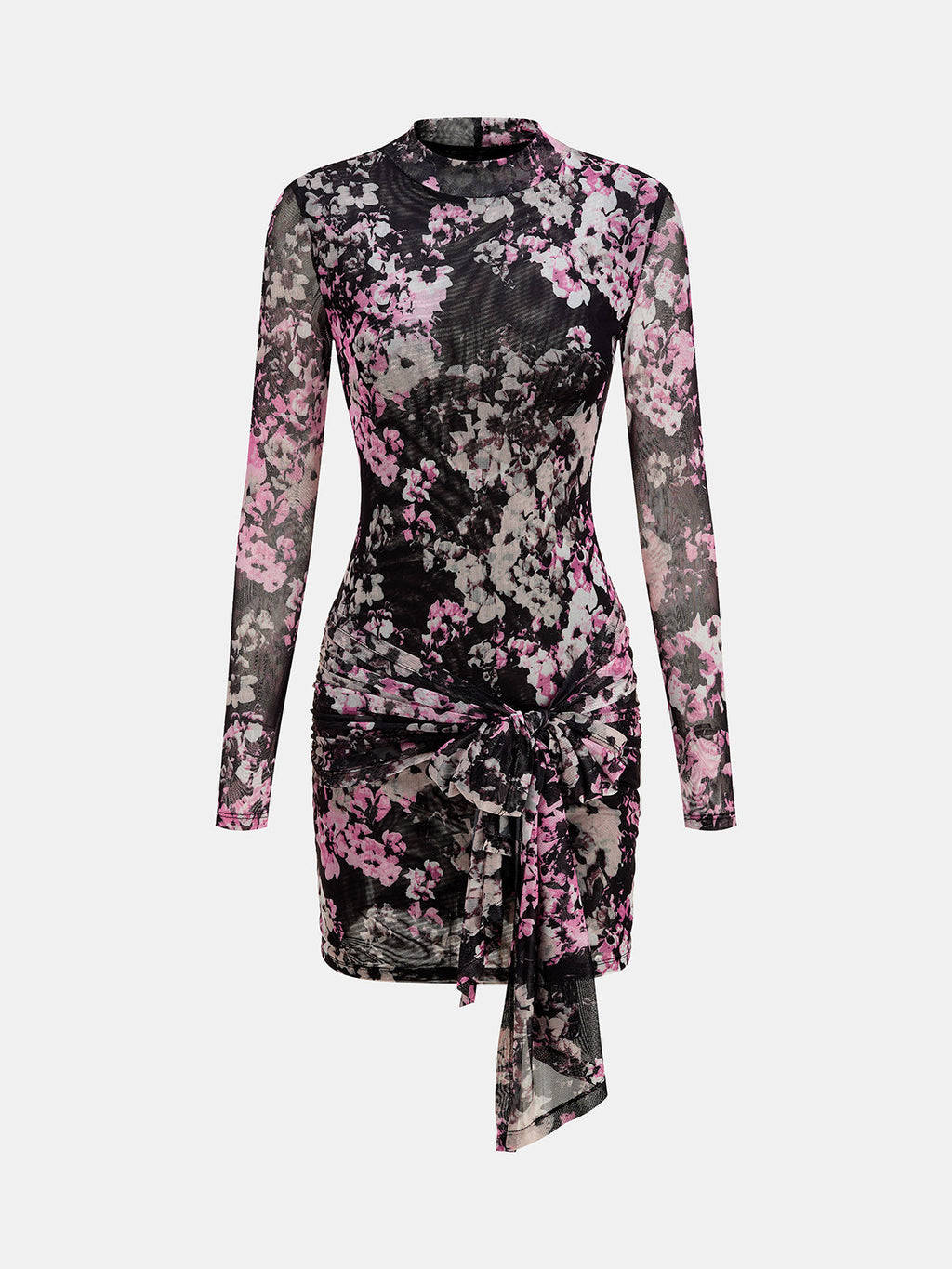 Floral malla Cuello Alto Tie-Detalle Minivestido