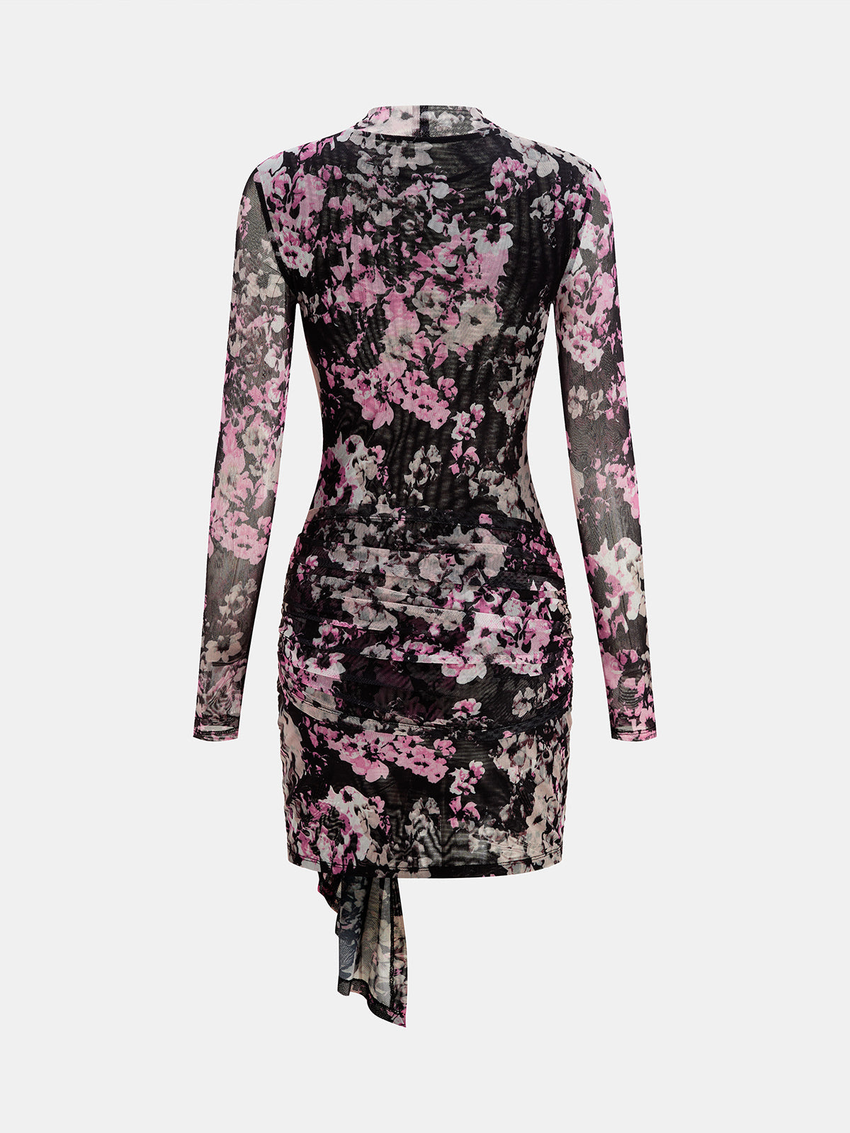 Floral malla Cuello Alto Tie-Detalle Minivestido