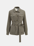 Houndstooth con Cinturón cintura Camisa Chaqueta