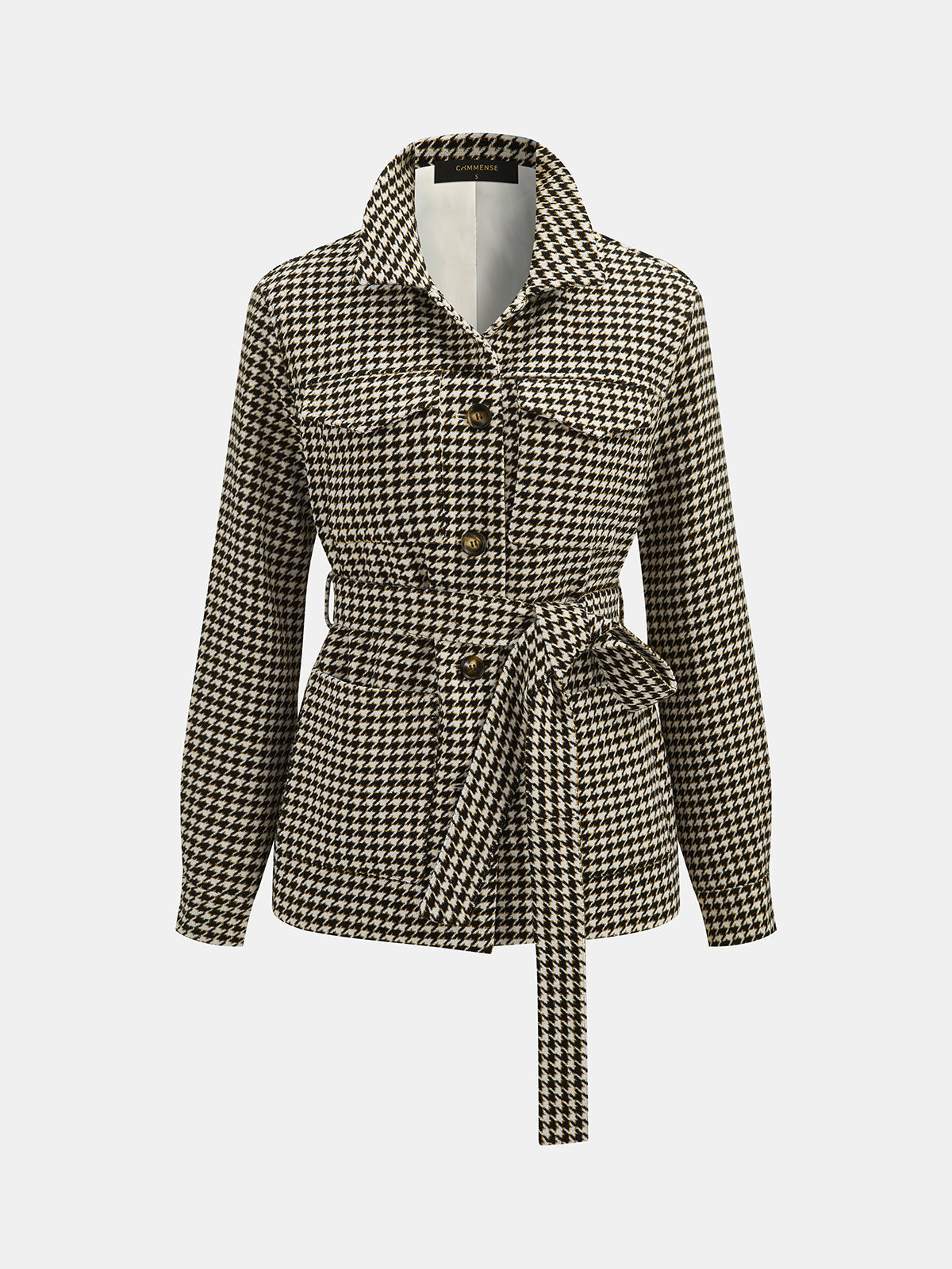 Houndstooth con Cinturón cintura Camisa Chaqueta