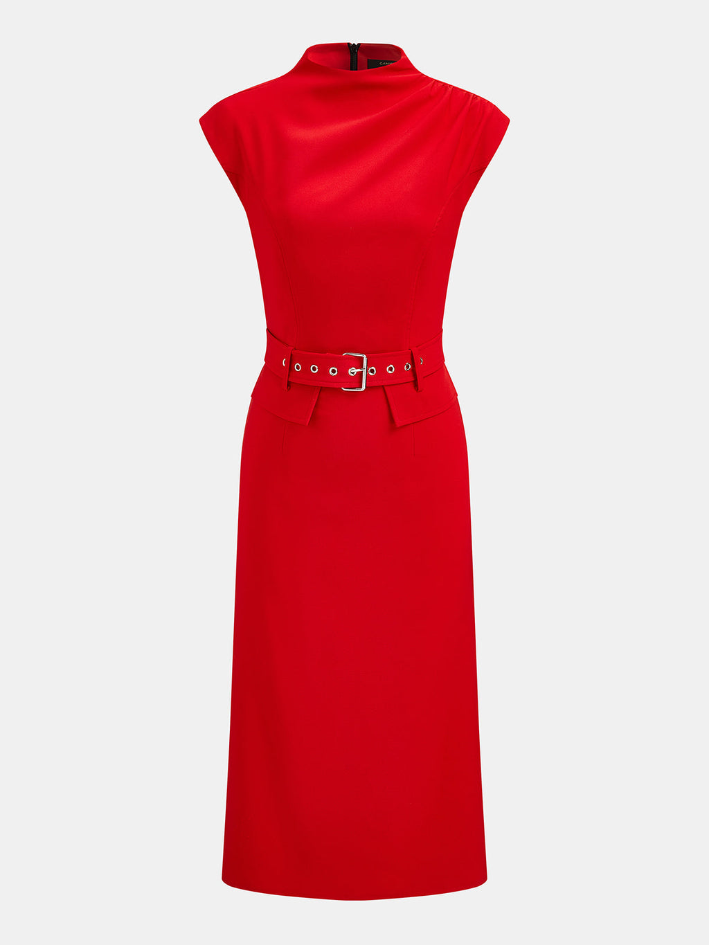 Drapeado Cuello Alto con Cinturón Cap manga Vestido midi