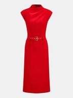 Drapeado Cuello Alto con Cinturón Cap manga Vestido midi
