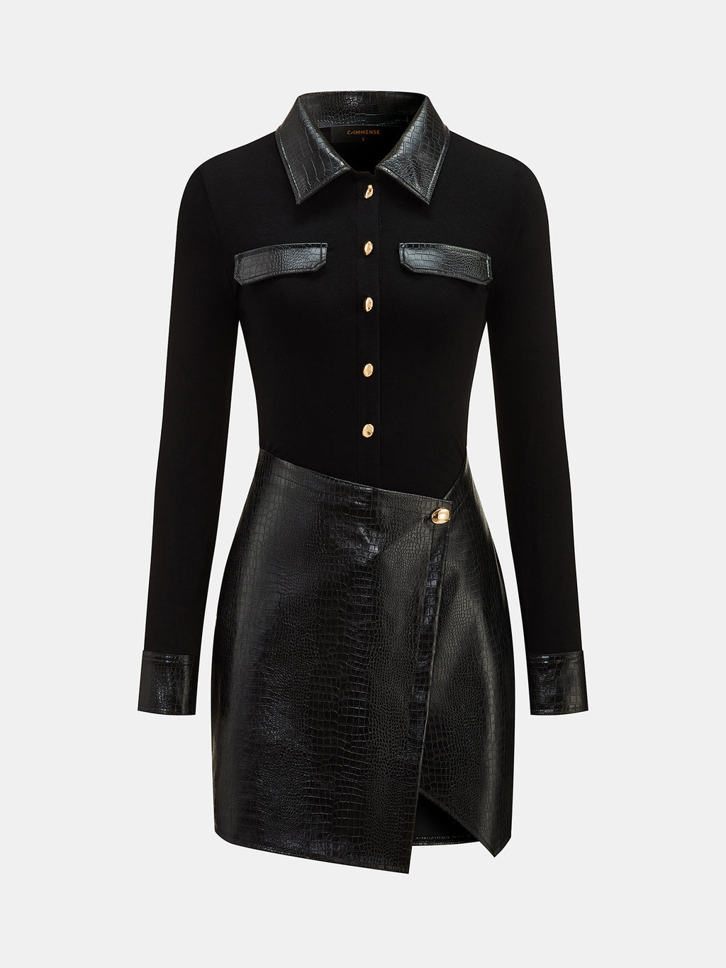 Faux-Leather Patchwork con Cuello Minivestido