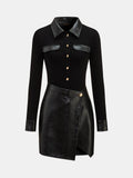 Faux-Leather Patchwork con Cuello Minivestido