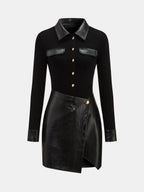 Faux-Leather Patchwork con Cuello Minivestido