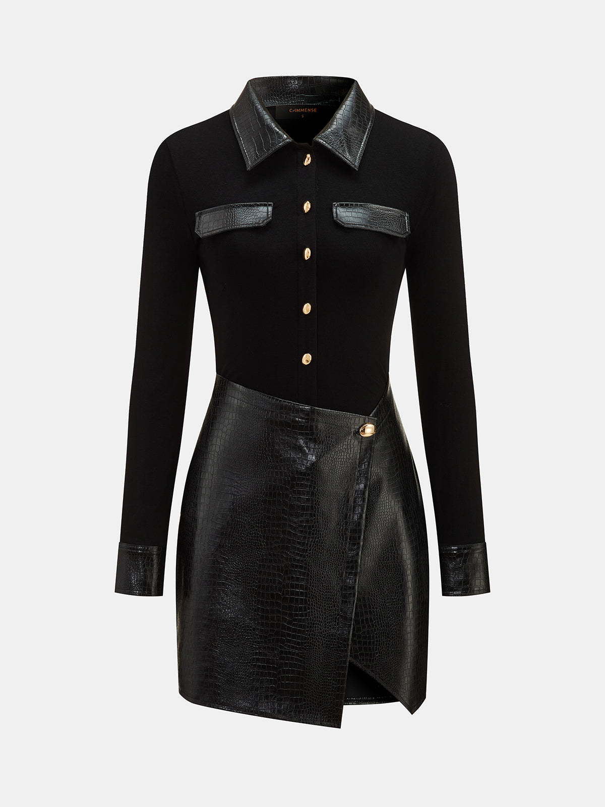 Faux-Leather Patchwork con Cuello Minivestido