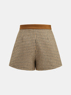 Faux Ante Waistband Plisado Houndstooth Shorts