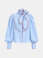 Contraste Piping Lazo cuello Rayas Blusa