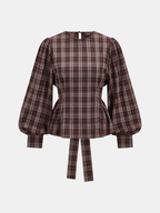 Tie-espalda Cuadros Puff manga Peplum Top