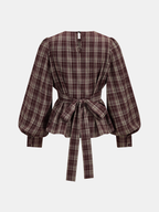 Tie-espalda Cuadros Puff manga Peplum Top