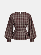 Tie-espalda Cuadros Puff manga Peplum Top