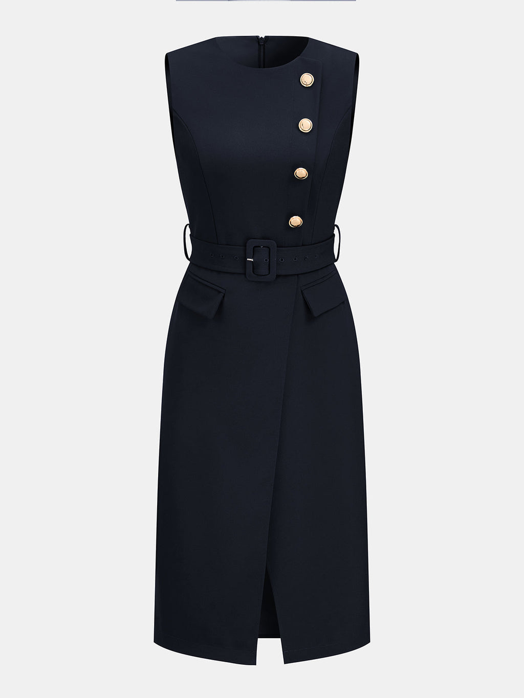 Asimétrico Placket con Cinturón Sin Mangas Sheath Vestido