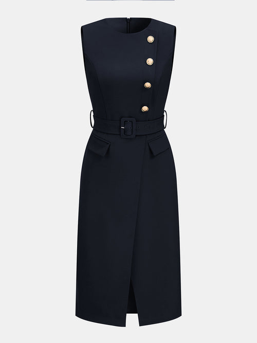 Asimétrico Placket con Cinturón Sin Mangas Sheath Vestido