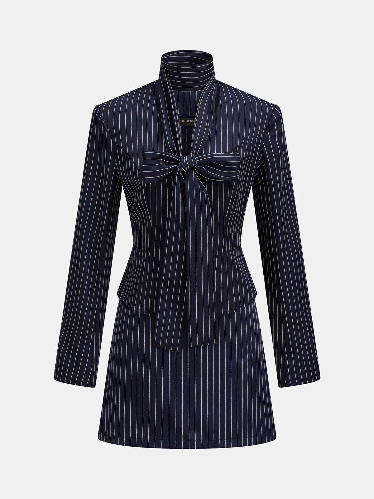 Pinstripe Lazo-Tie Blazer mini Falda Dos Piezas Set