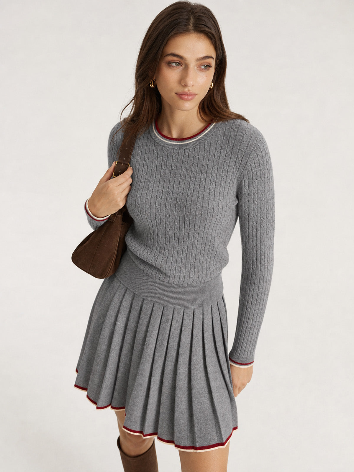Ribete en Contraste Cable Punto Top Plisado Falda Set