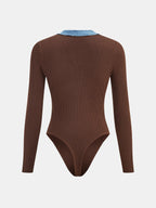 Denim-Flecos ribete Escote V Rib Punto Body