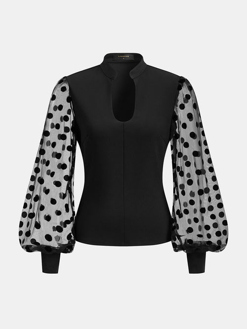 Alto cuello Semitransparente Lunares Puff manga Blusa