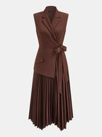 Tie-cintura Sin Mangas Blazer Plisado Vestido midi