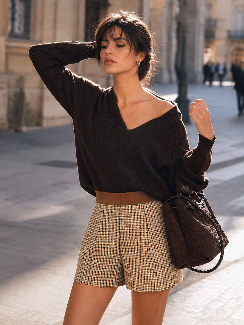 Faux Ante Waistband Plisado Houndstooth Shorts