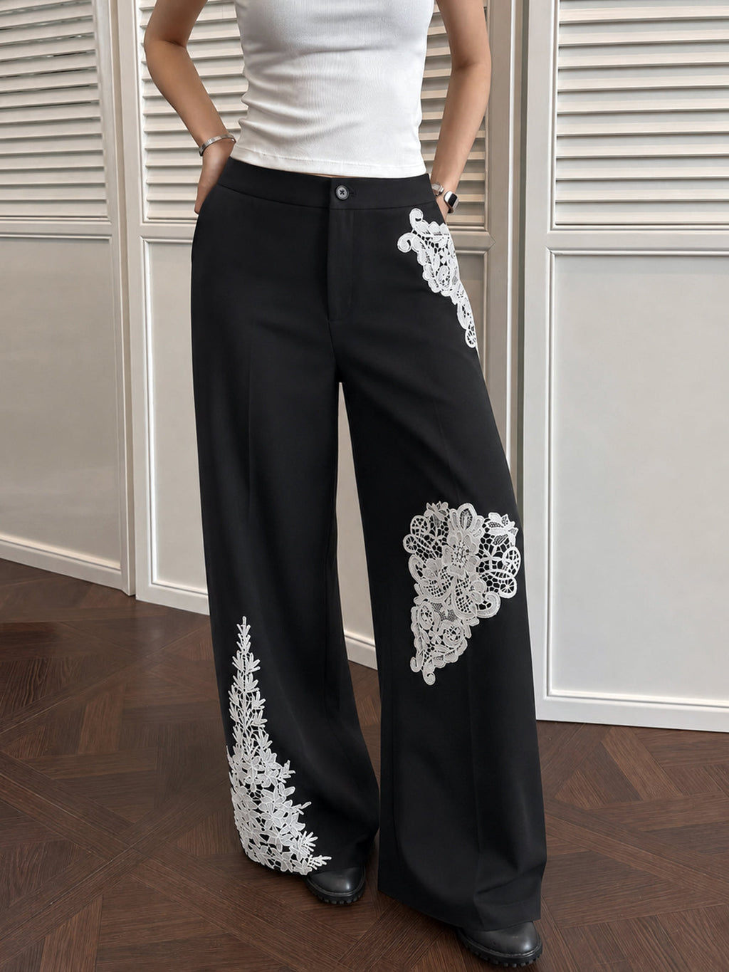 Floral Encaje Aplicaciones Pierna Ancha Pantalón