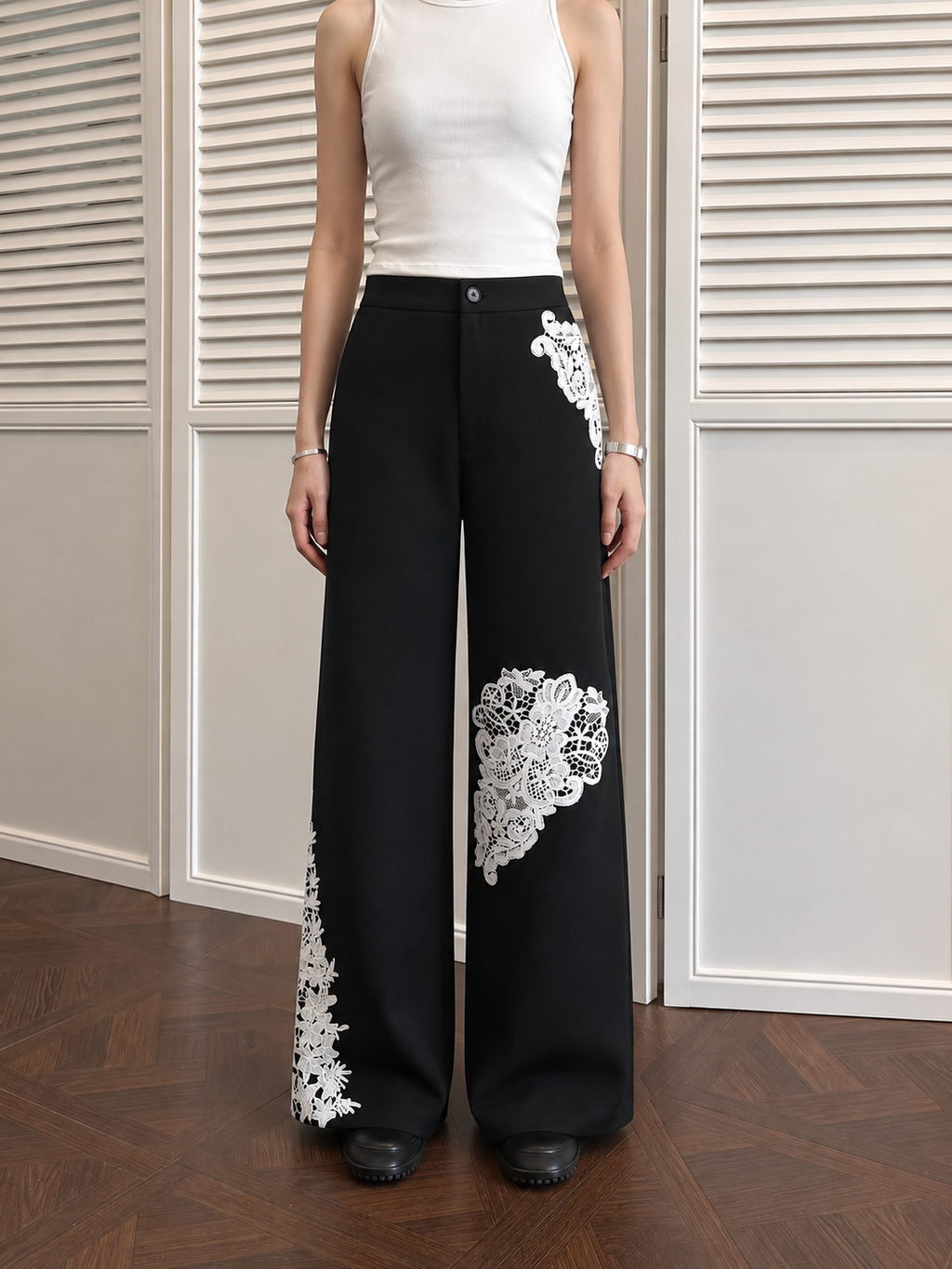 Floral Encaje Aplicaciones Pierna Ancha Pantalón