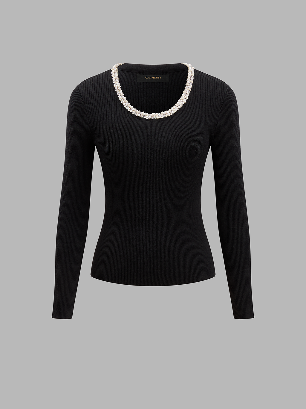 Pearl-Beaded U-cuello Mezcla de Lana Punto Top