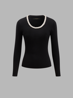 Pearl-Beaded U-cuello Mezcla de Lana Punto Top