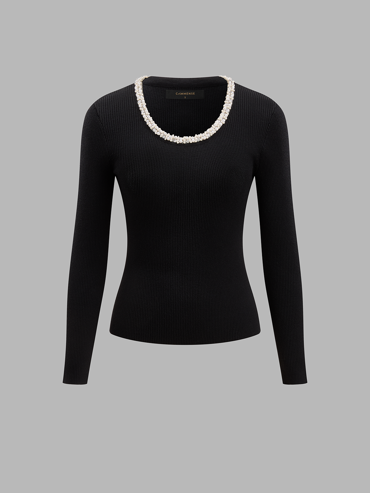 Pearl-Beaded U-cuello Mezcla de Lana Punto Top