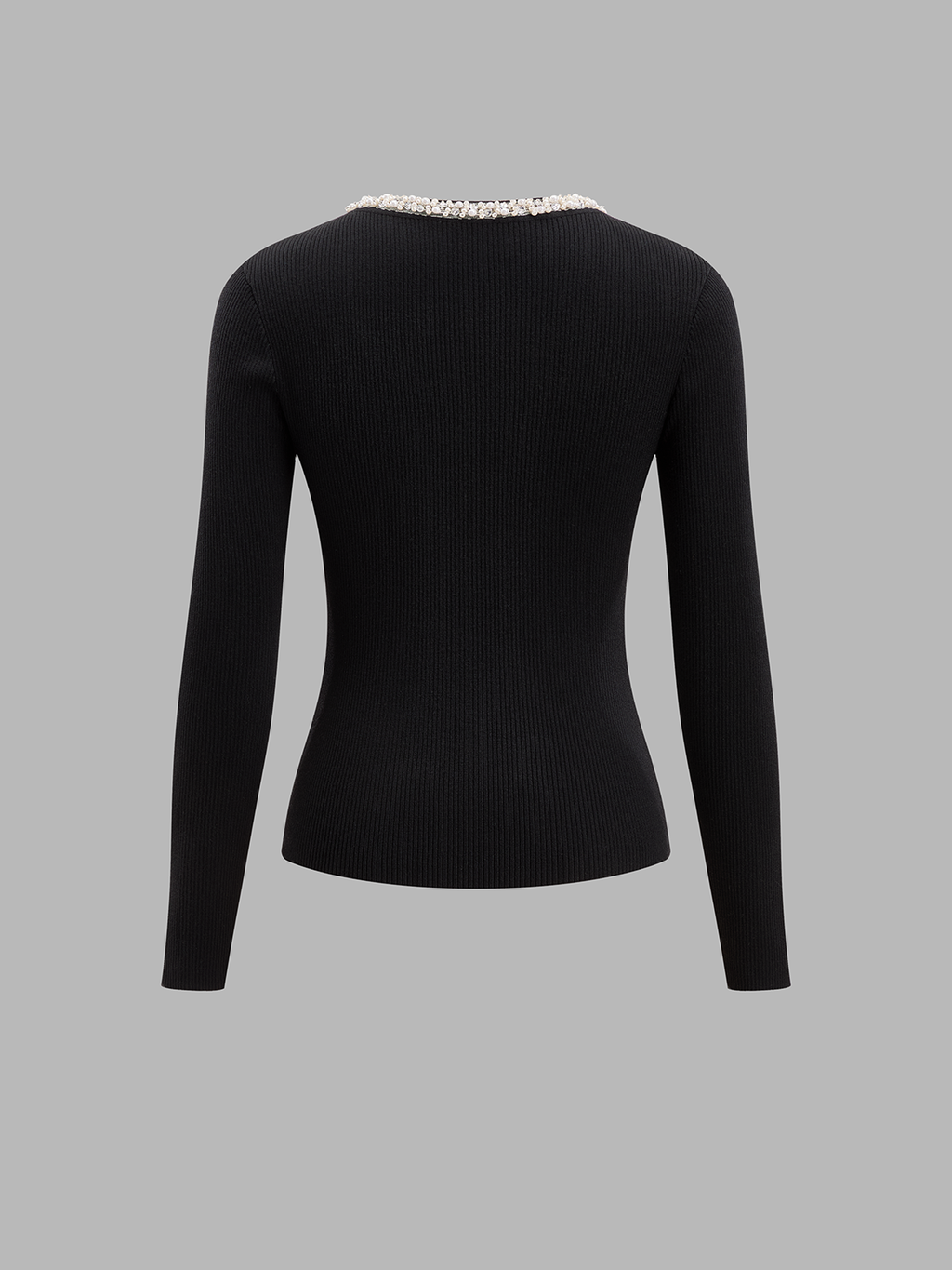 Pearl-Beaded U-cuello Mezcla de Lana Punto Top