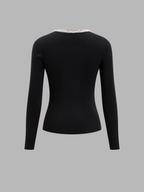 Pearl-Beaded U-cuello Mezcla de Lana Punto Top