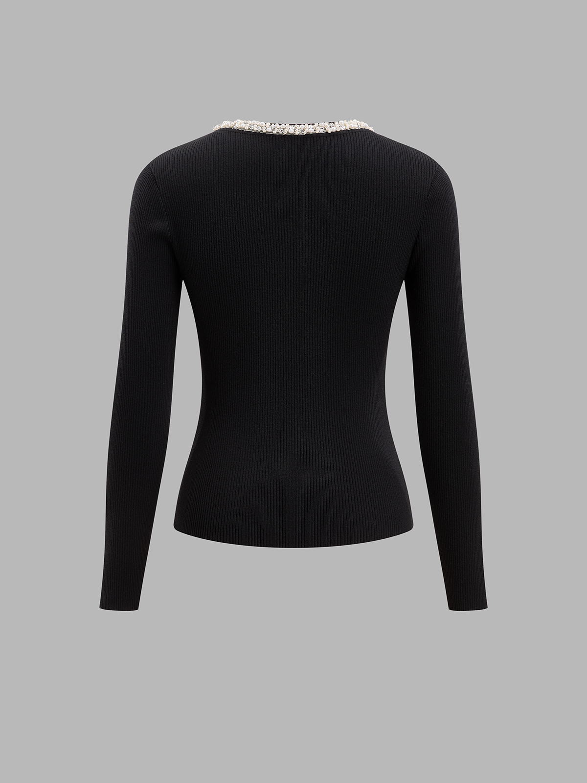 Pearl-Beaded U-cuello Mezcla de Lana Punto Top
