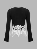 Floral Encaje bajo Zip frontal Ribbed Punto Top