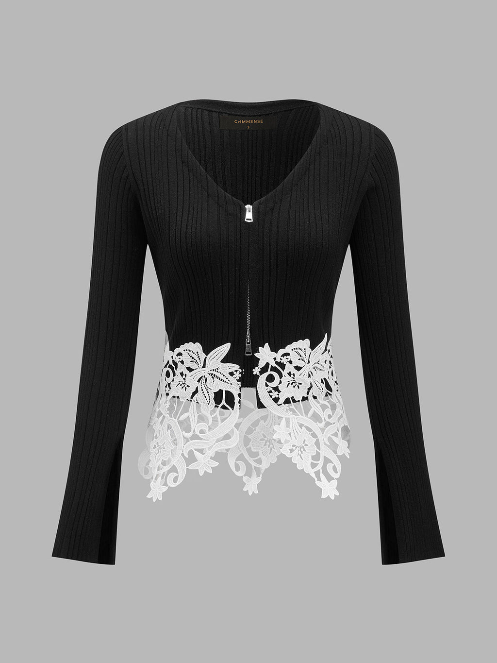 Floral Encaje bajo Zip frontal Ribbed Punto Top