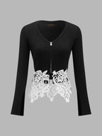 Floral Encaje bajo Zip frontal Ribbed Punto Top