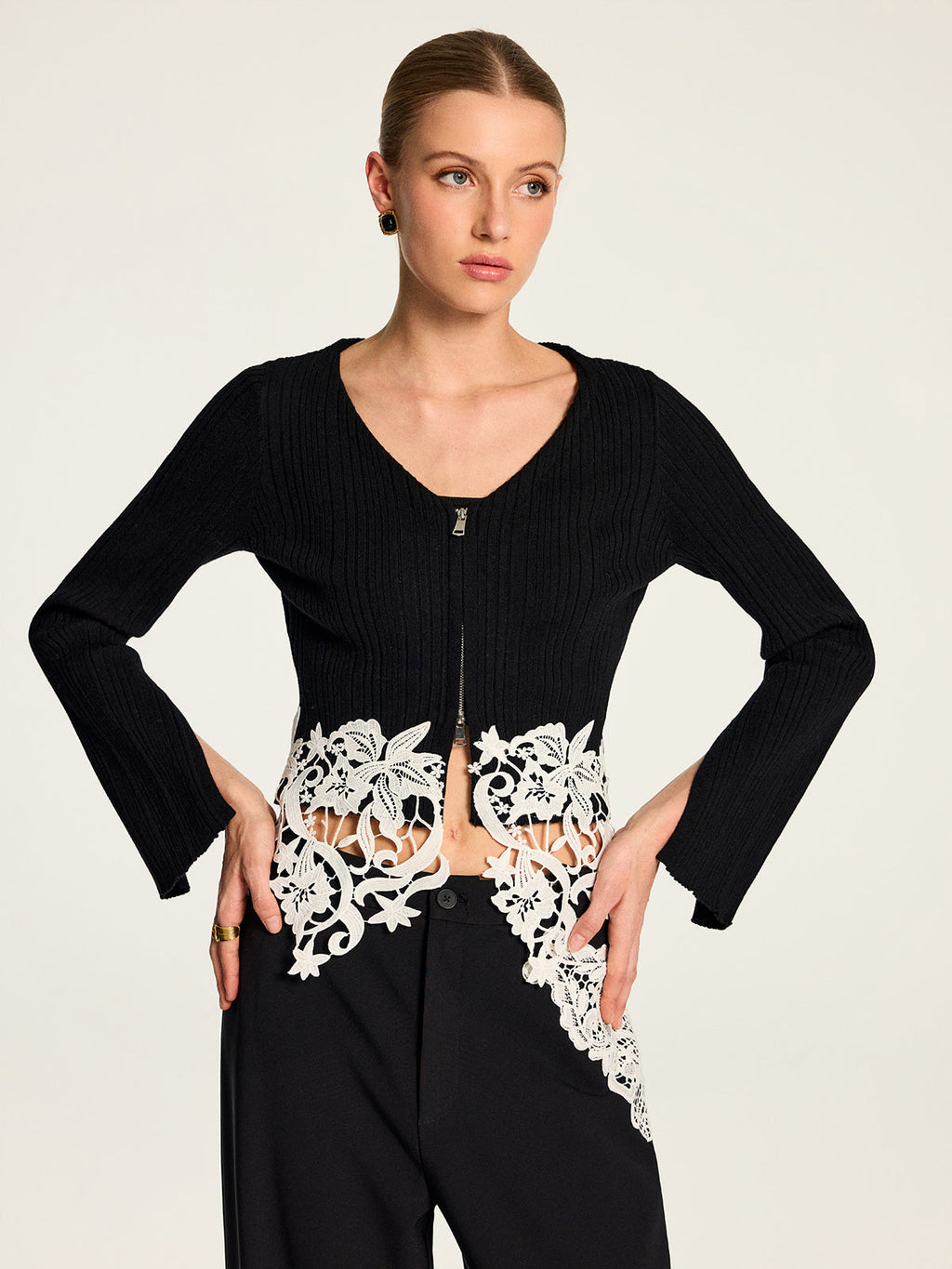 Floral Encaje bajo Zip frontal Ribbed Punto Top