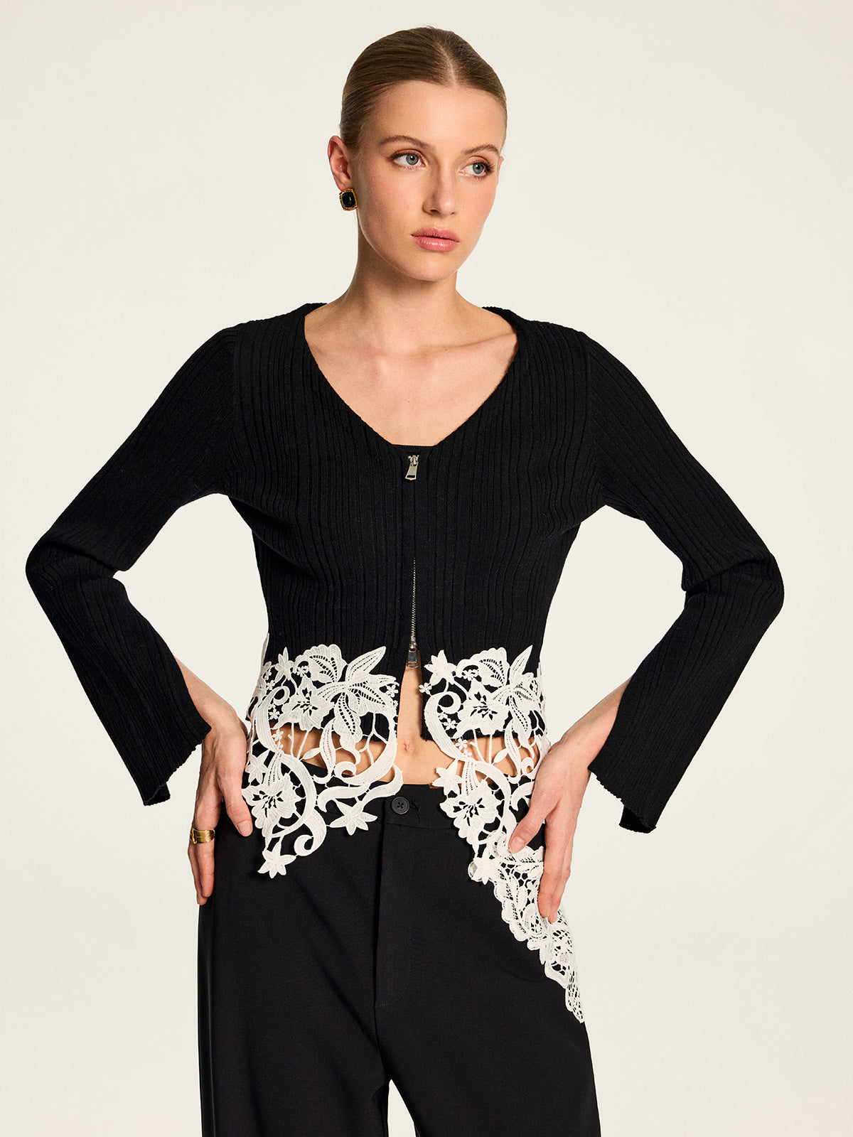 Floral Encaje bajo Zip frontal Ribbed Punto Top