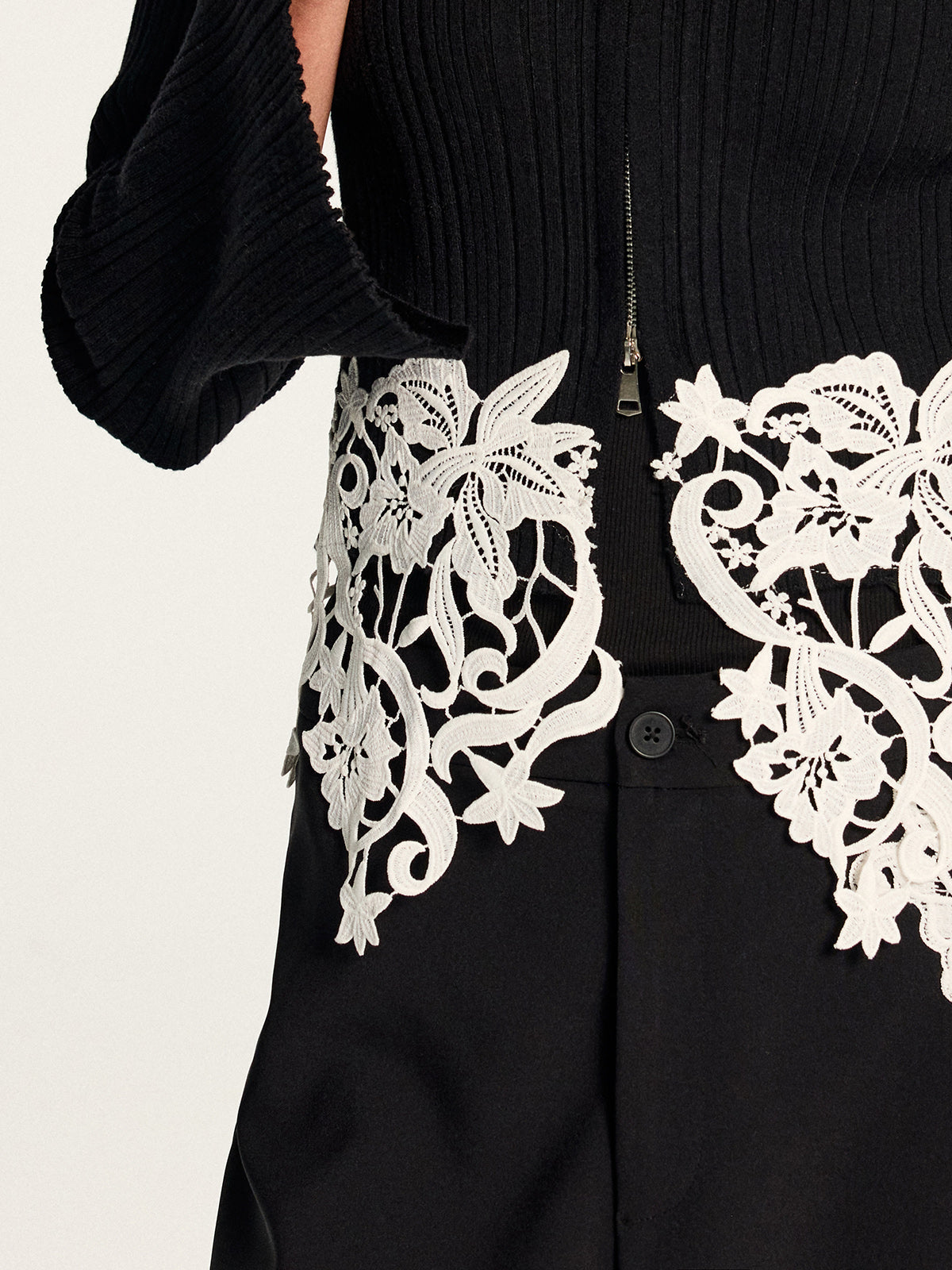 Floral Encaje bajo Zip frontal Ribbed Punto Top