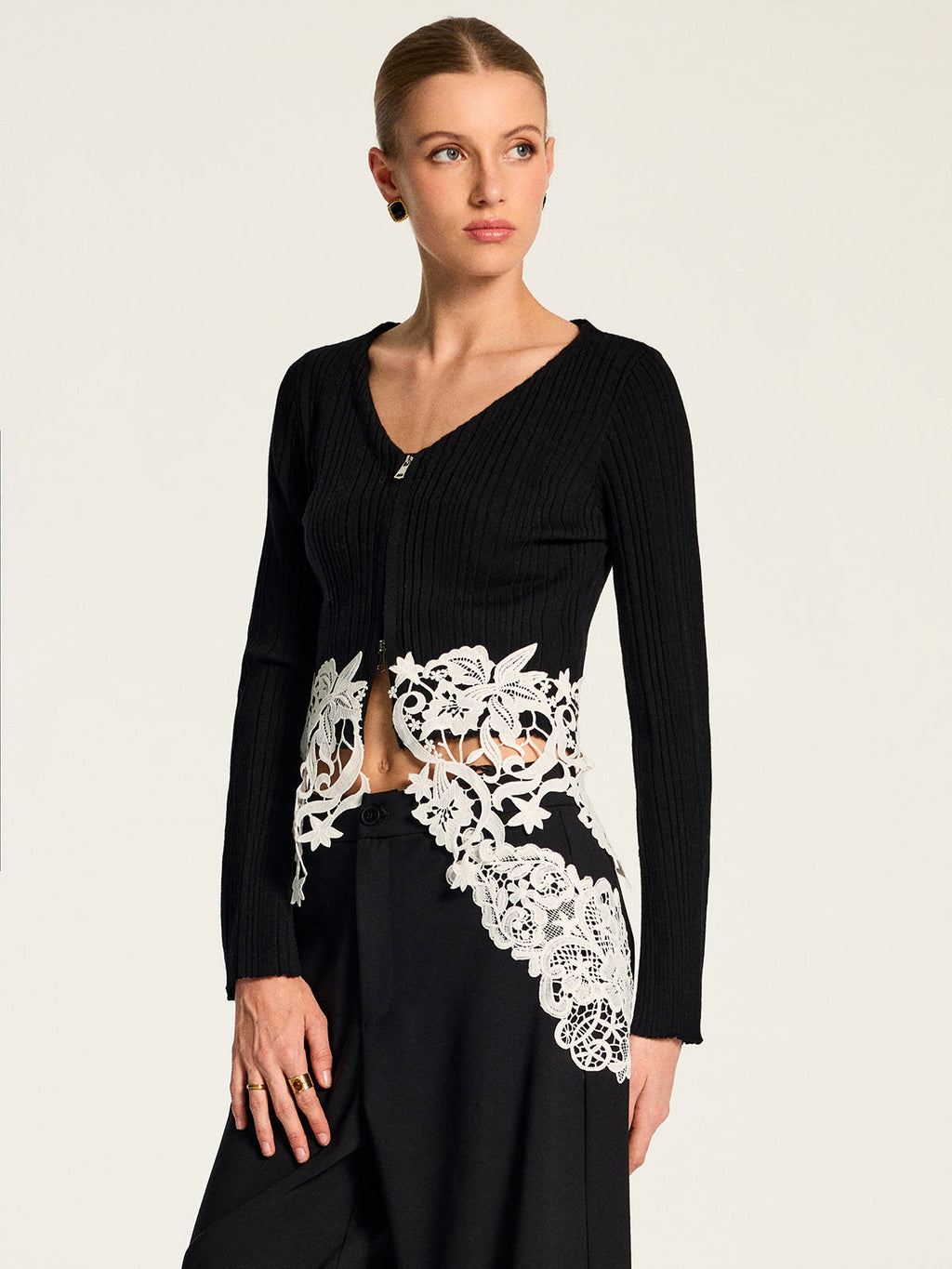 Floral Encaje bajo Zip frontal Ribbed Punto Top