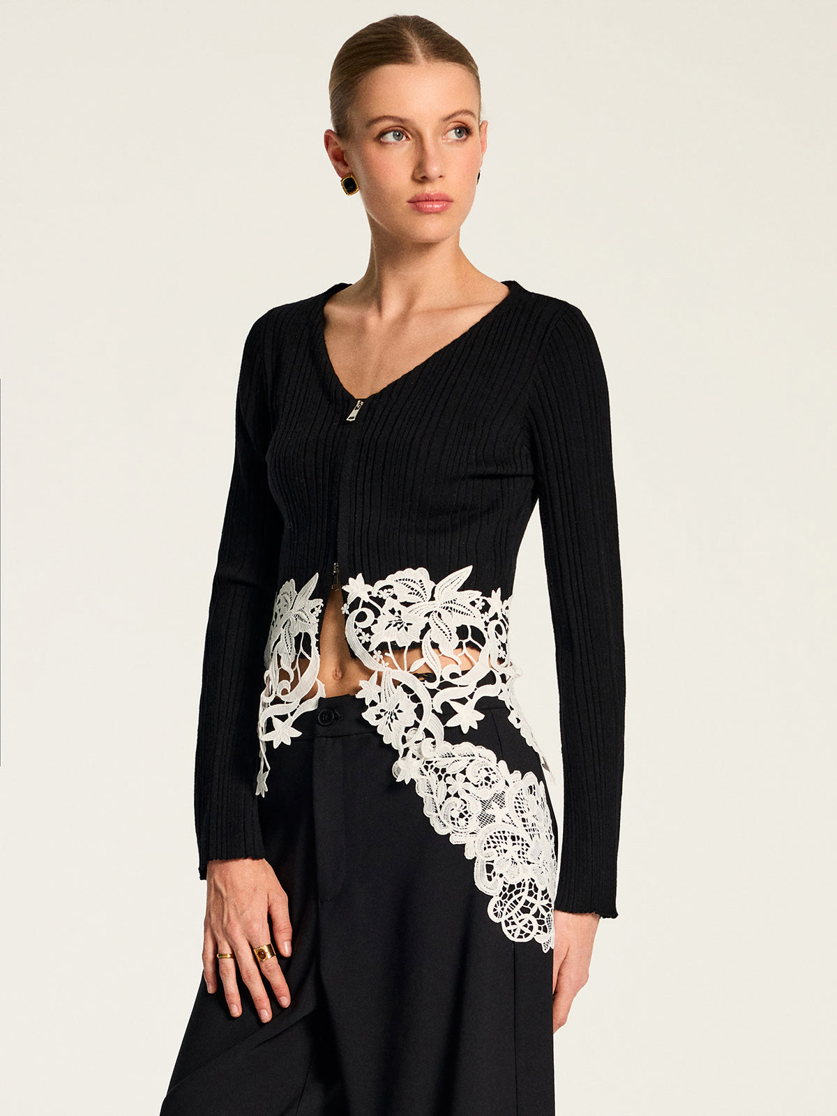 Floral Encaje bajo Zip frontal Ribbed Punto Top