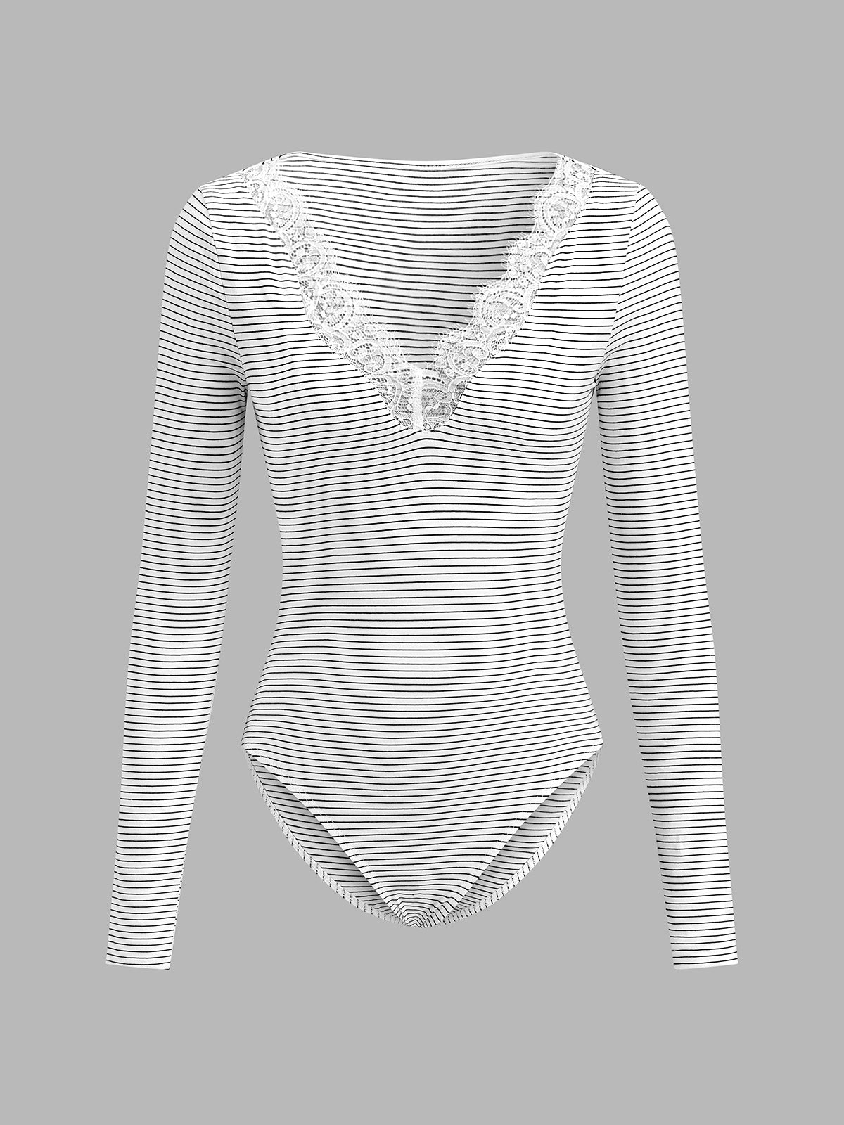 Rayas Encaje Escote V Manga Larga Body