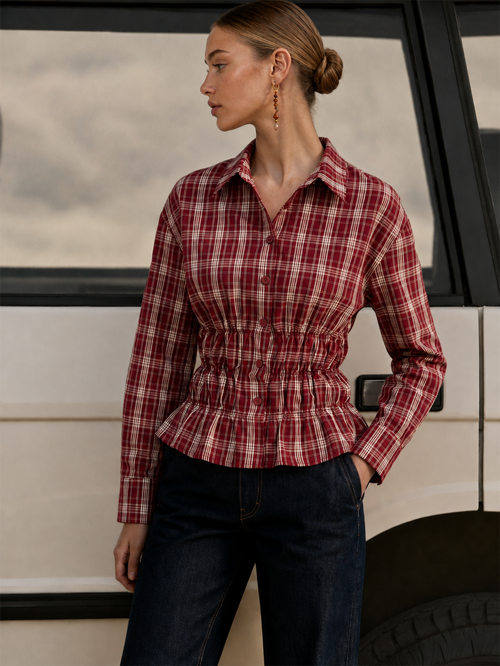 Cuadros Cinched cintura Peplum Camisa