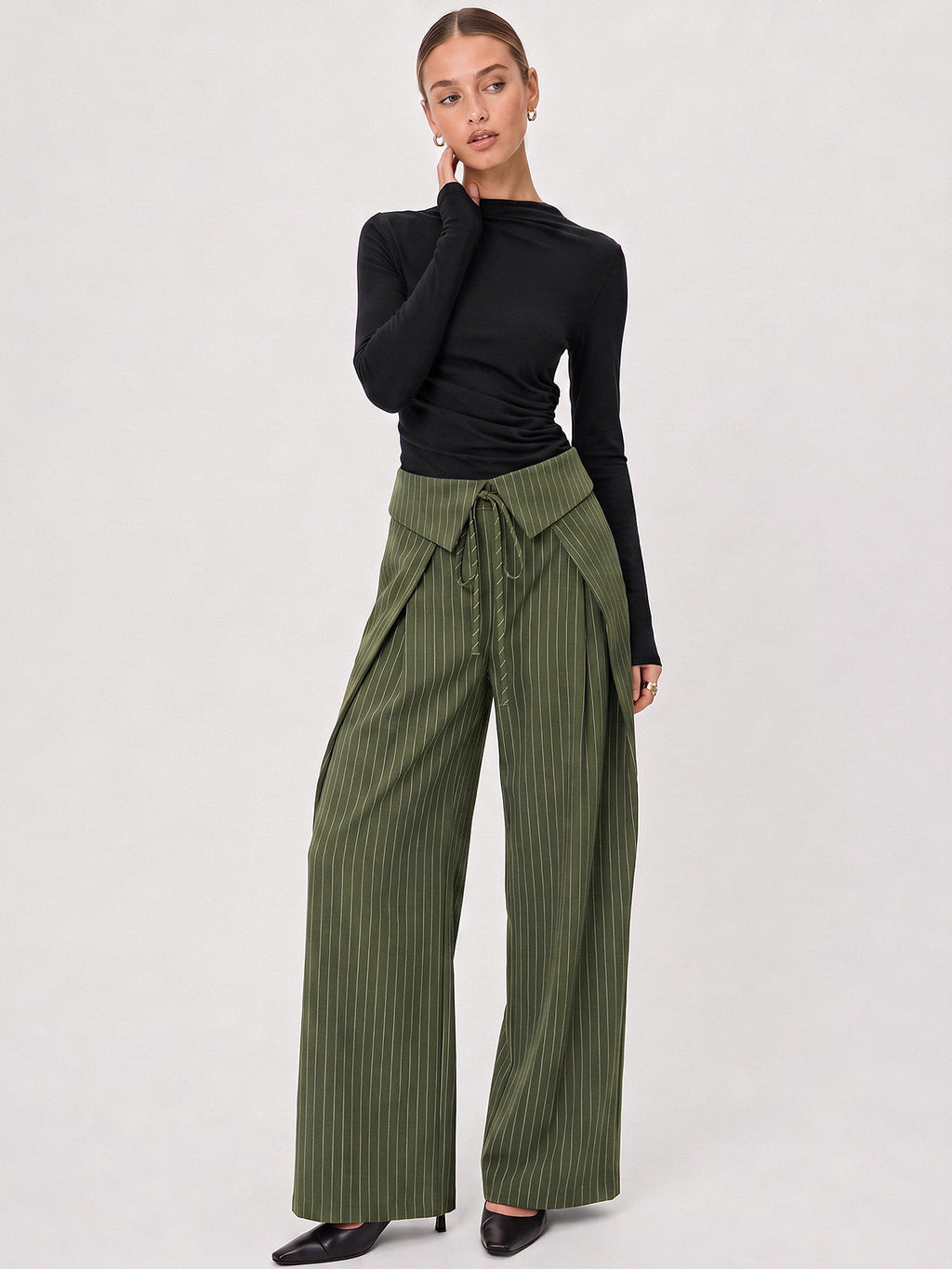 Fold-Over Rayas Pierna Ancha Pantalón